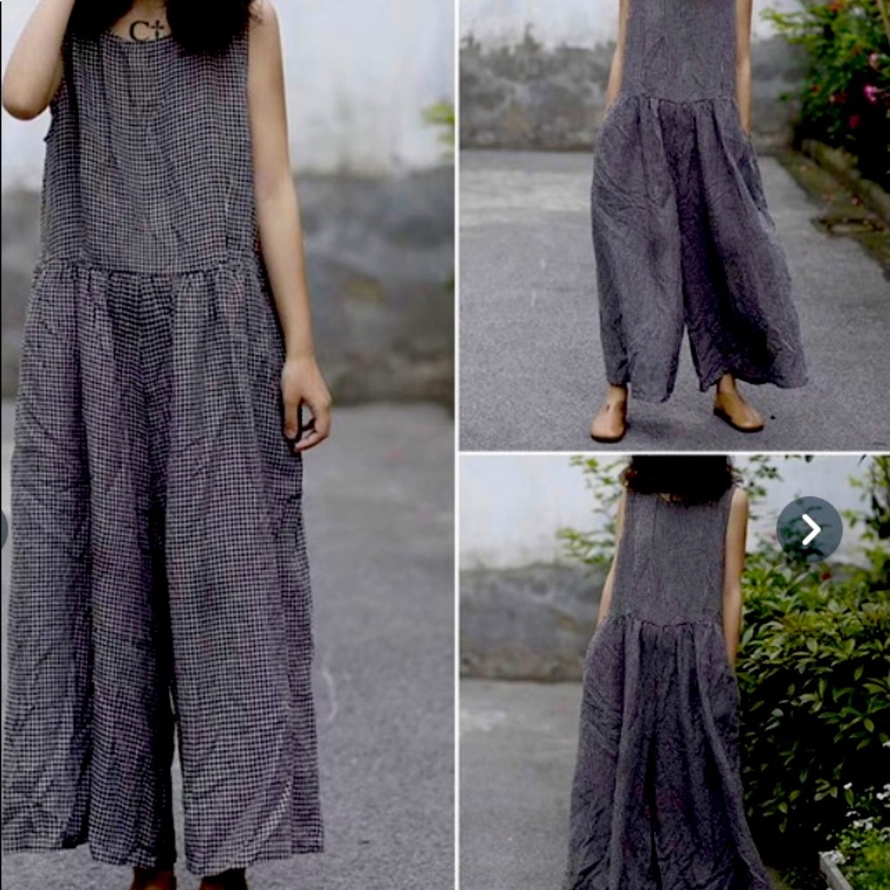Linen black and white plaid jumpsuit loose casual